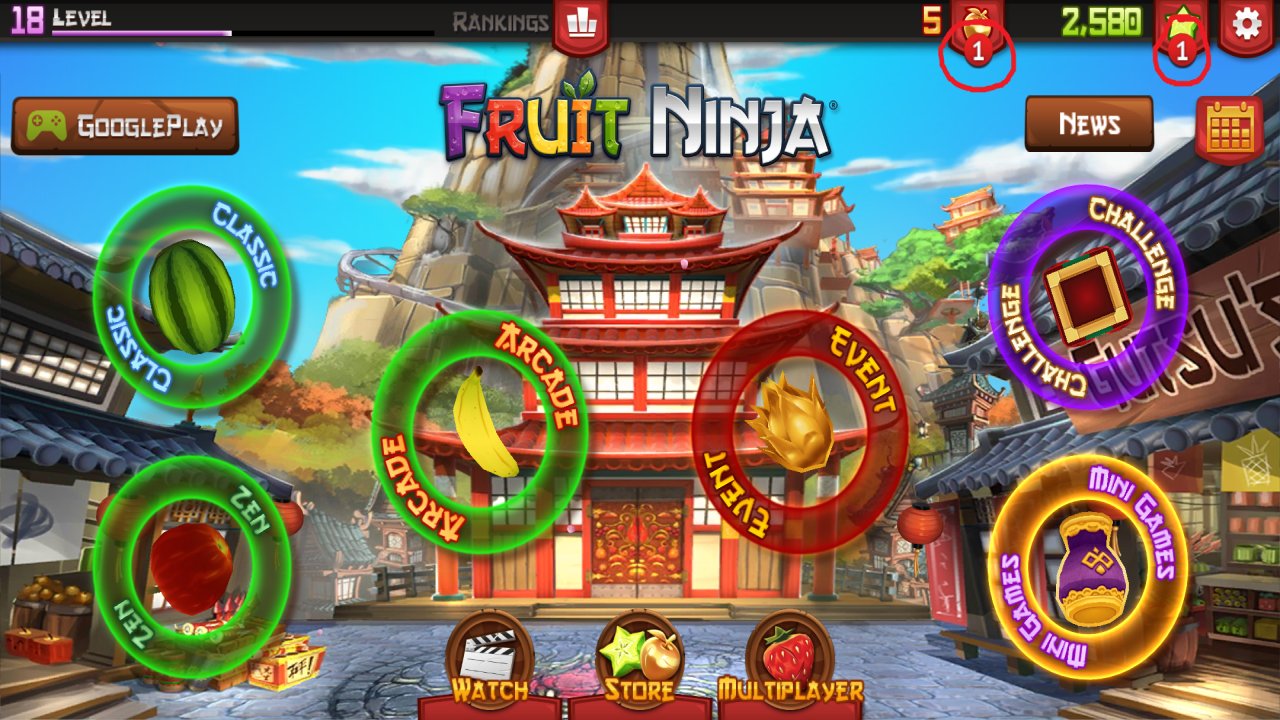 What do the Fruit Ninja notifications under the Gold Apples buttons mean?